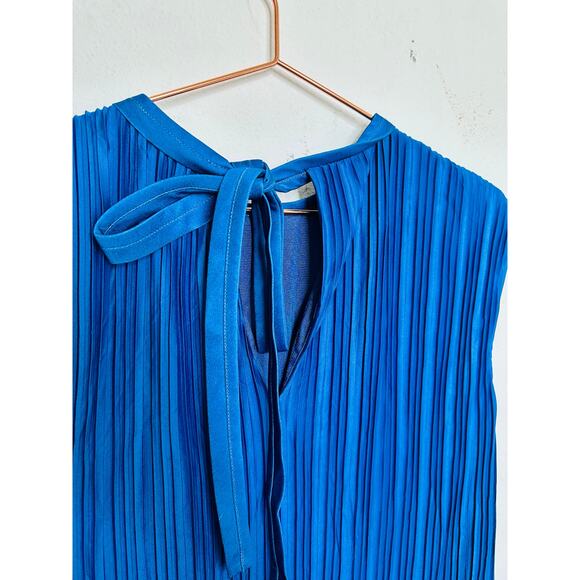 ATLEIN X RTR Navy Blue Plisse Tie Neck Sleeveless Side Slit Midi Dress Size M - Picture 10 of 16